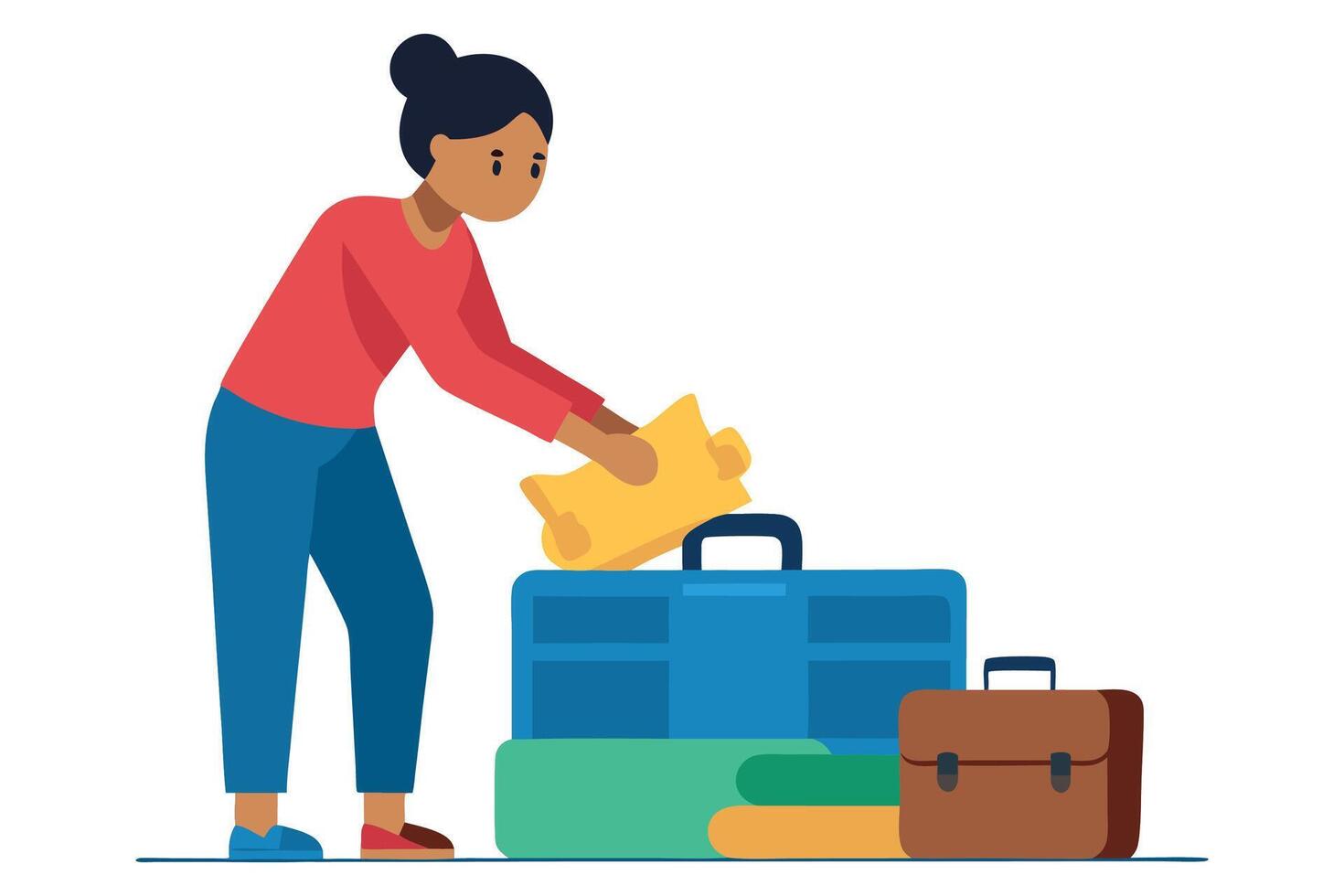 Woman Packing Suitcase, Flat Design, Travel Preparation, Casual Style, Happy Mood vector