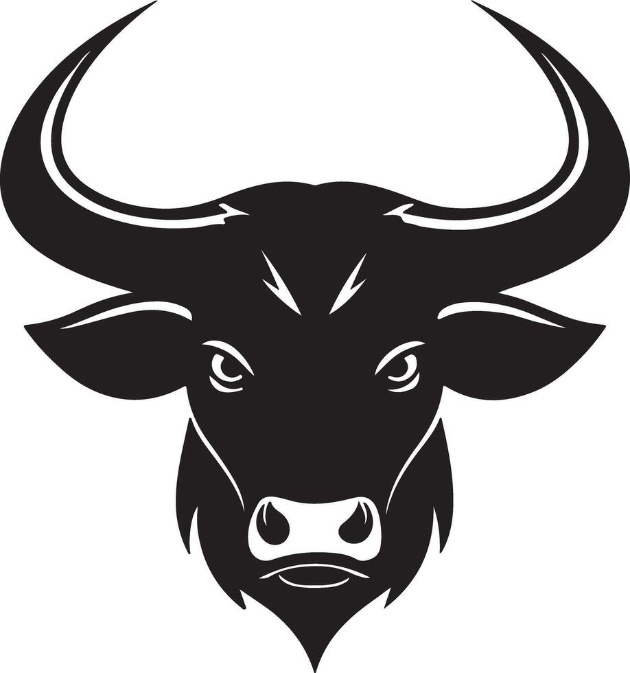 The head of a bull is shown in black and white vector