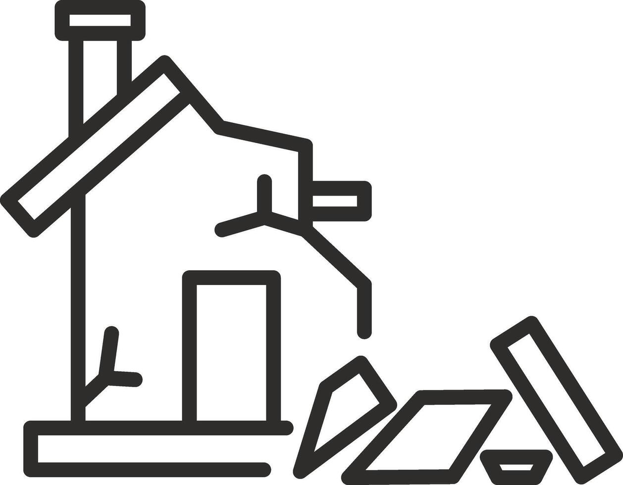 destroyed house icon, destruction of property, rubble from the building, thin line symbol on white background - editable stroke illustration eps 10 vector