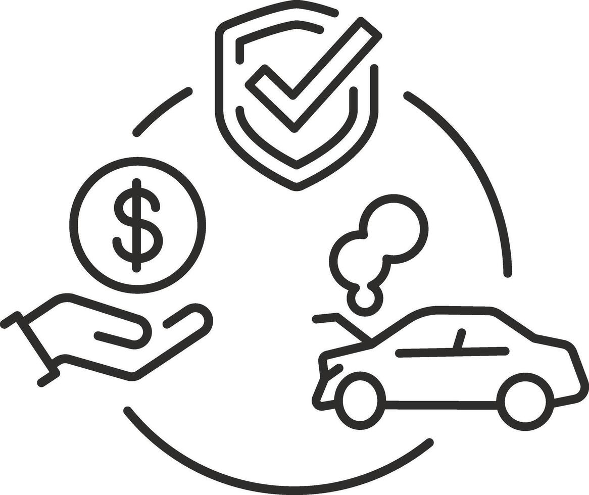icon of compensation for destroyed property, transport insurance, security car, protection of auto, damaged car, thin line symbol on white background - editable stroke illustration eps10 vector