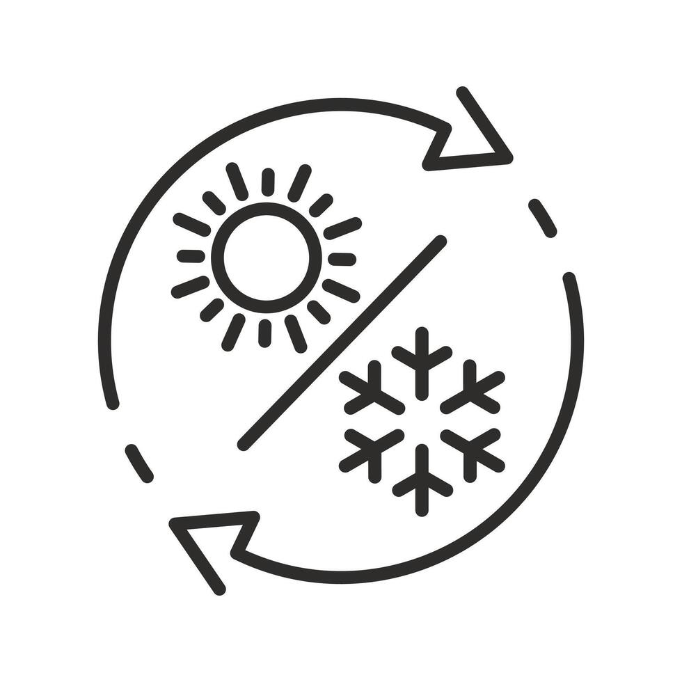climate control icon, hot and cold temperature regulation, arrows rotate circle, sun, snowflake, thin line symbol on white background vector