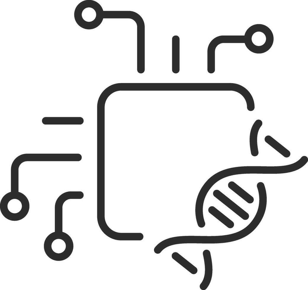 biomedical electronics icon, biosensor, circuit board with molecule, microbiology device, chip, thin line symbol on white background, editable stroke illustration eps10 vector