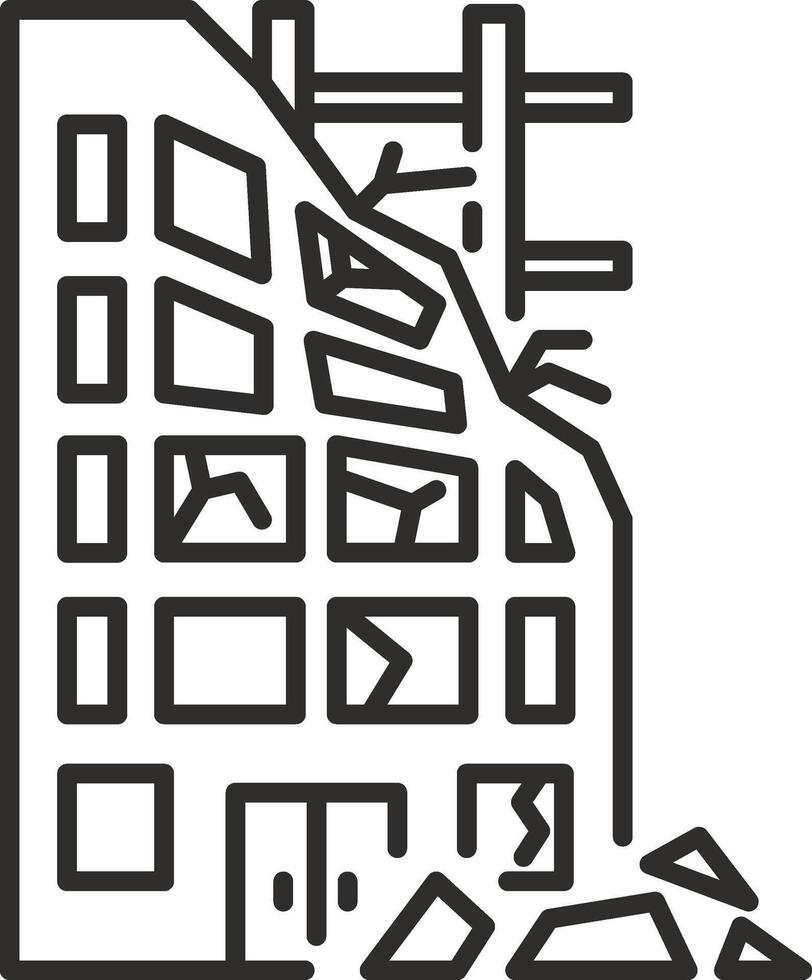 destroyed building icon, broken windows, collapsed building after explosion or earthquake, thin line symbol on white background, editable stroke illustration eps10 vector