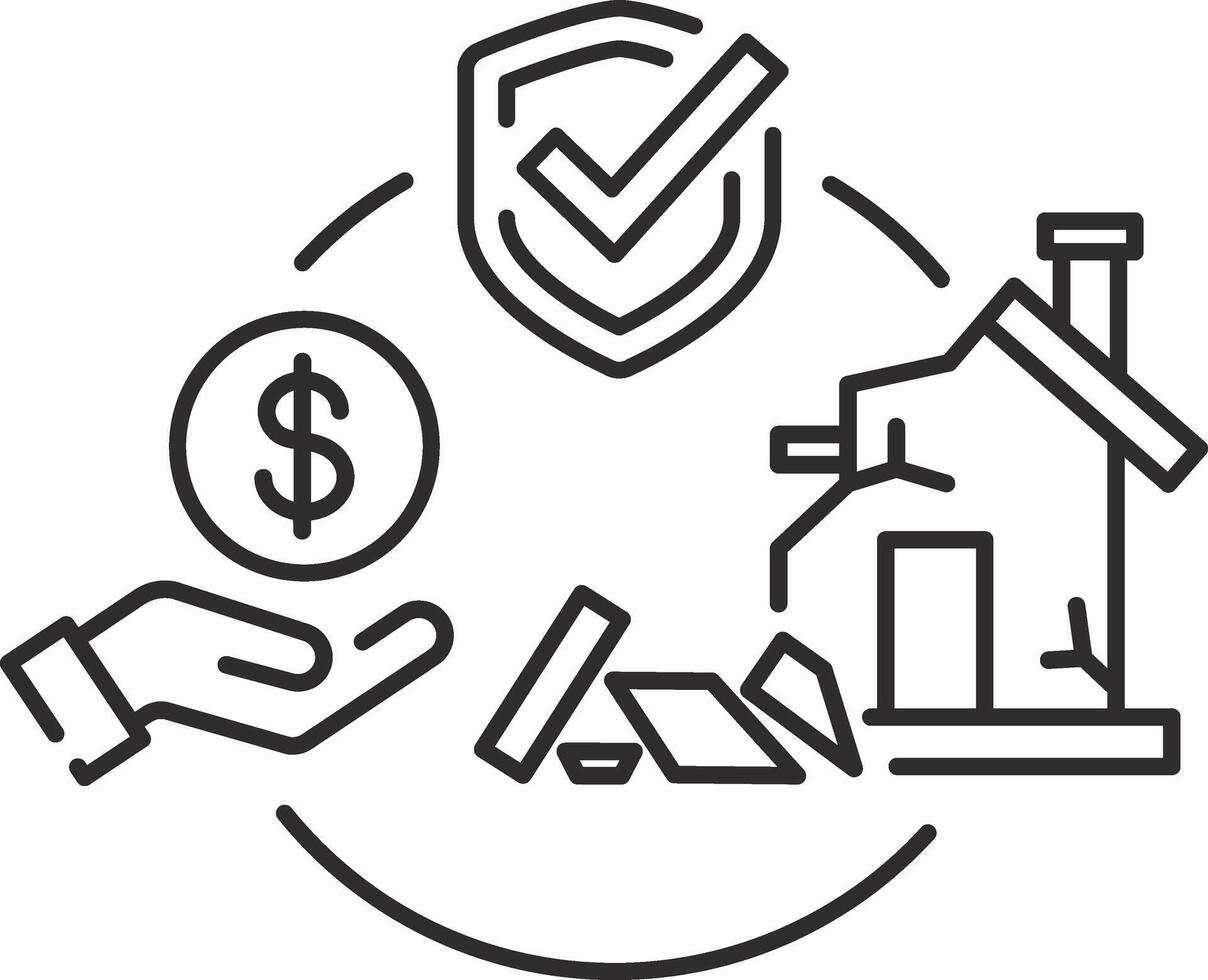 icon of compensation for destroyed property, property insurance, security home, protection of real estate, damage house, thin line symbol on white background - editable stroke illustration eps10 vector