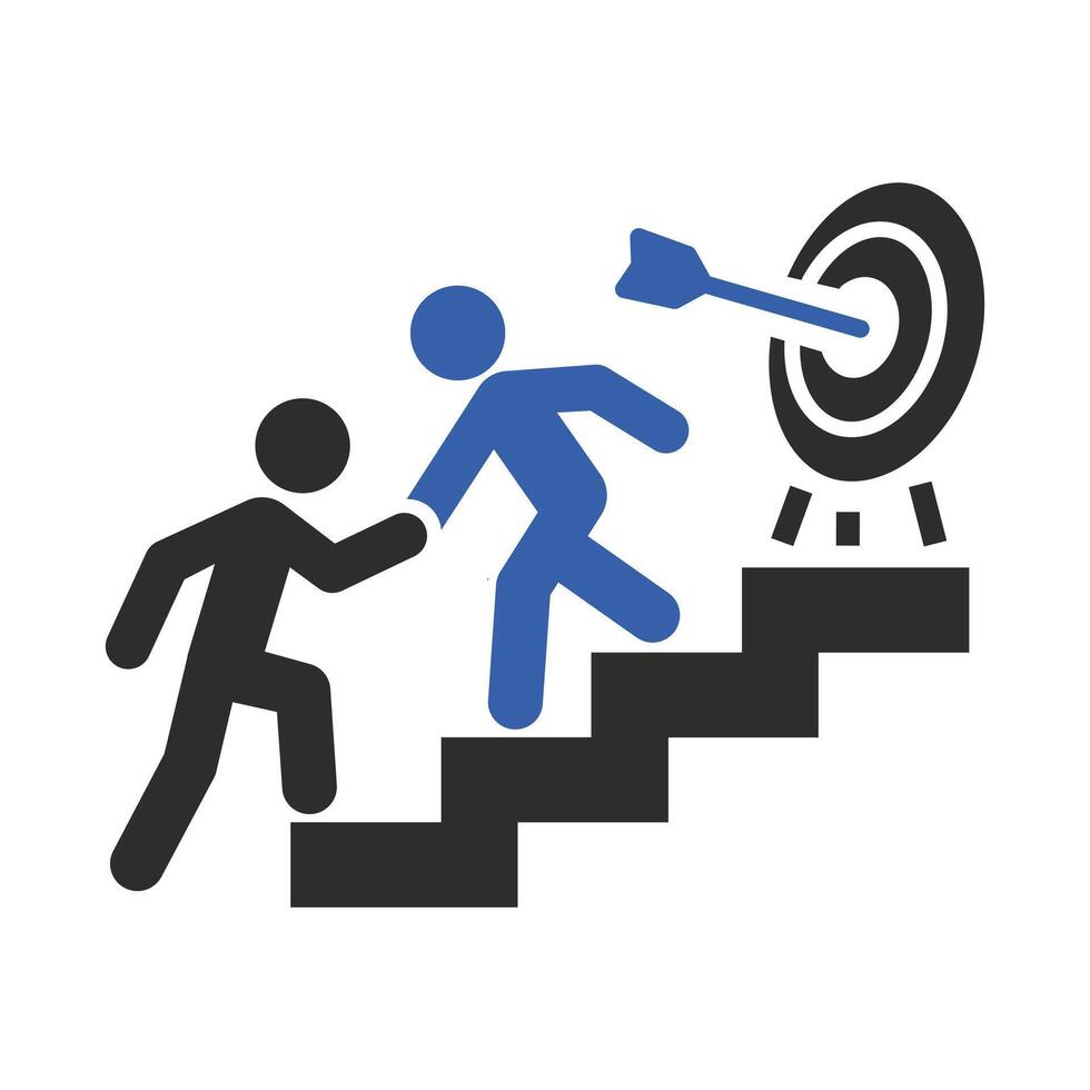 mentoring, mentor support for man climbs the stairs icon, help person with progress steps, flat illustration vector