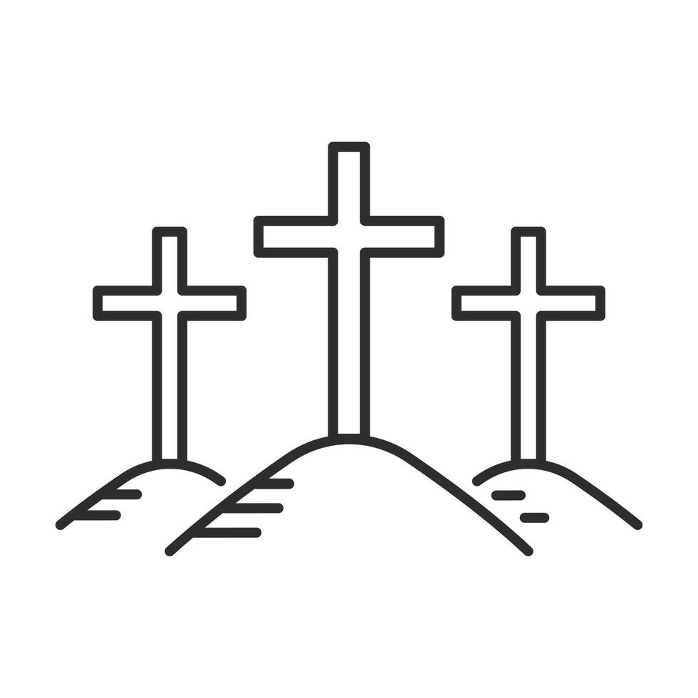 calvary icon, three crosses on hill, crucifixion, easter linear illustration, outline editable stroke vector