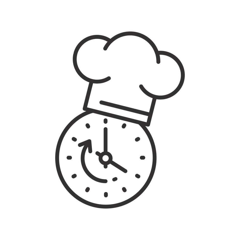 cooking time icon, chef hat and clock, thin line symbol on white background - editable stroke illustration vector