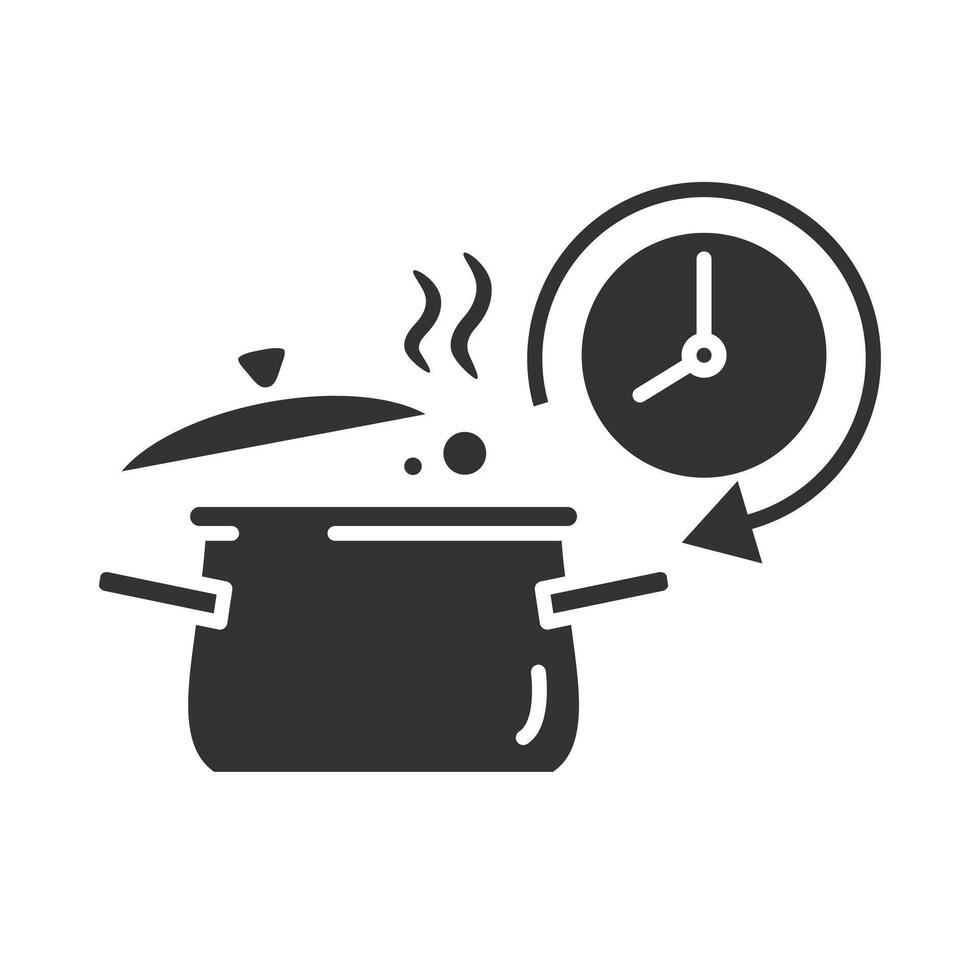 fast prepare meal, cooking time icon, timer cook food, pan with clock, flat illustration vector