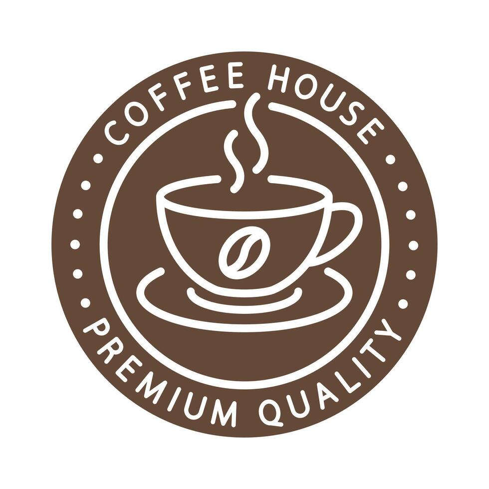 flat illustration, text premium quality coffee drink, coffee house emblem, cup icon, round logo vector