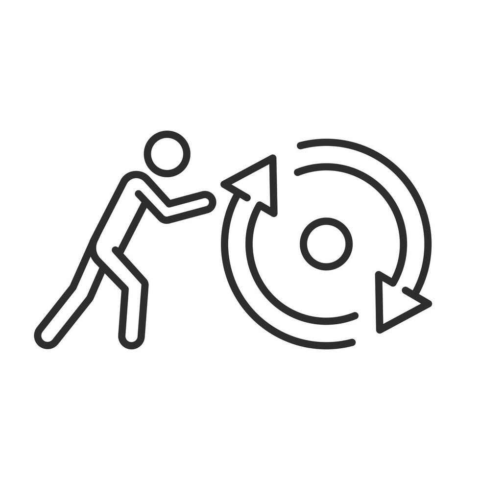 consistency icon, businessman pushing circle arrows, key to success it is effort, linear illustration, outline editable stroke vector