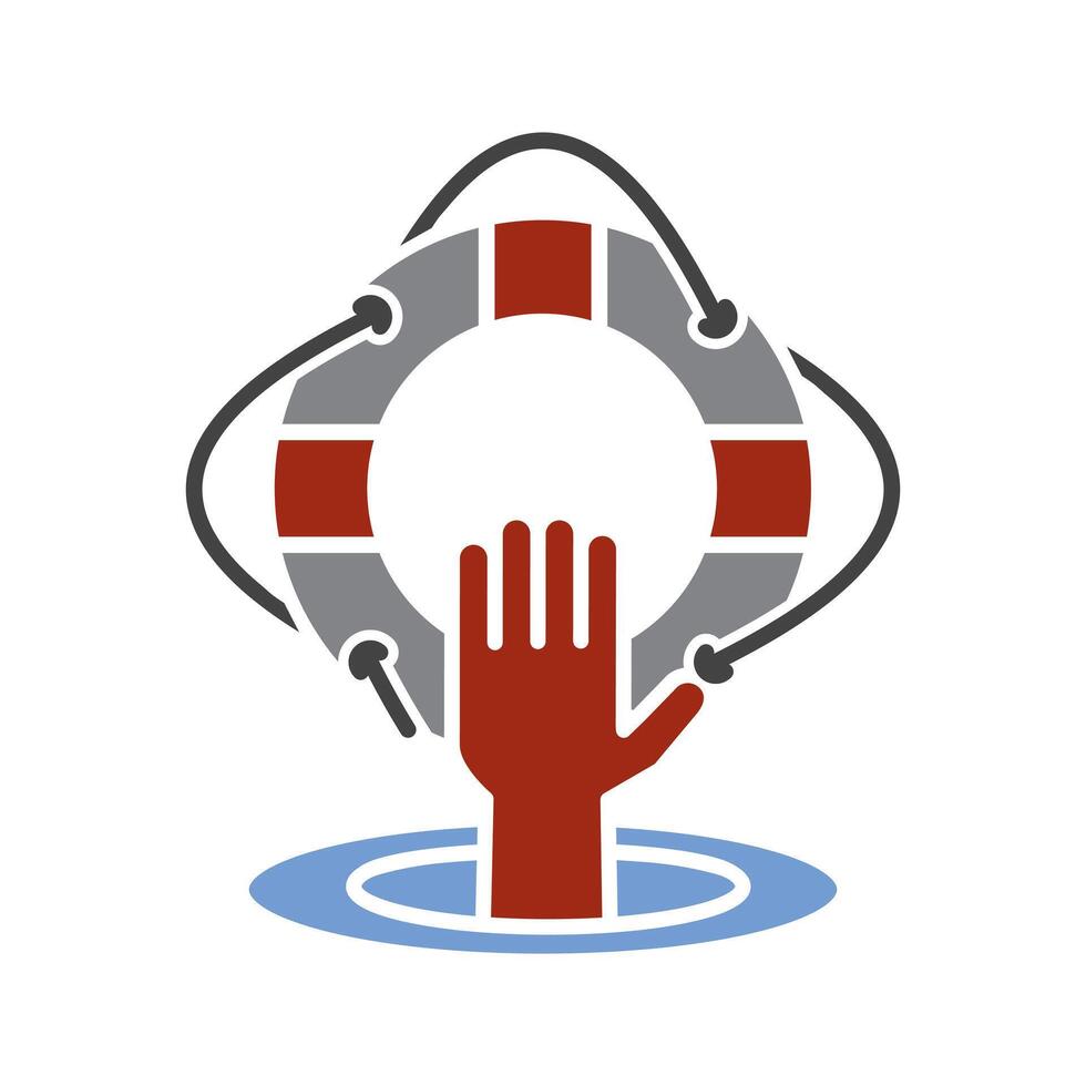 lifeguard help, life buoy with hand on beach icon, life safety belt on sea, survival logo, flat illustration vector