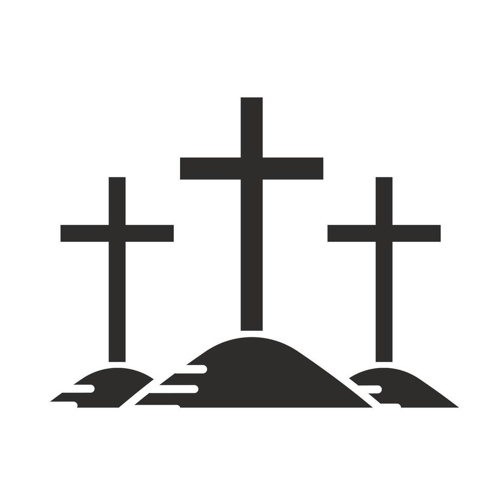 three crosses on hill, calvary icon, crucifixion, easter flat illustration vector