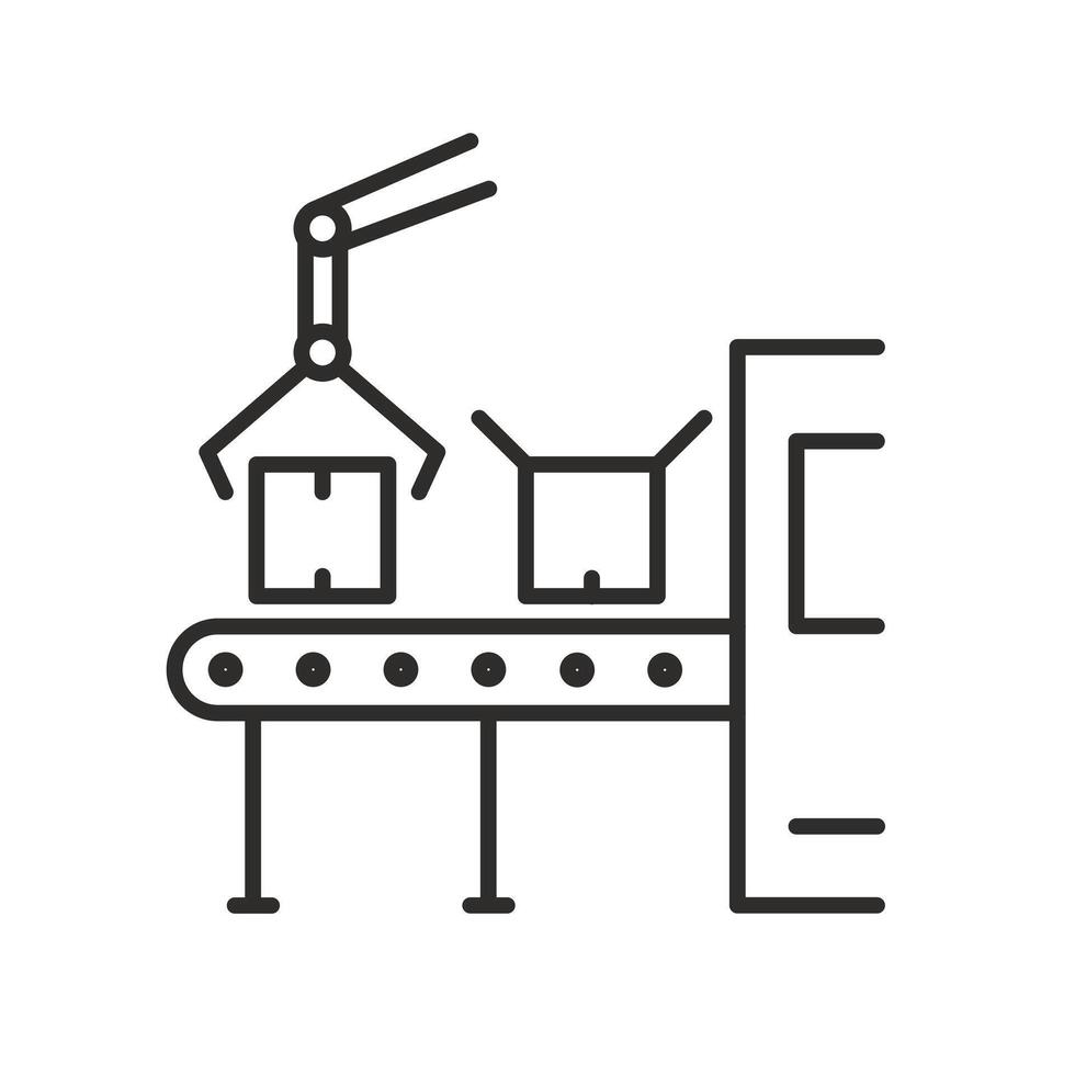 production icon, industrial robots, assembly line, thin line symbol on white background - editable stroke illustration eps10 vector