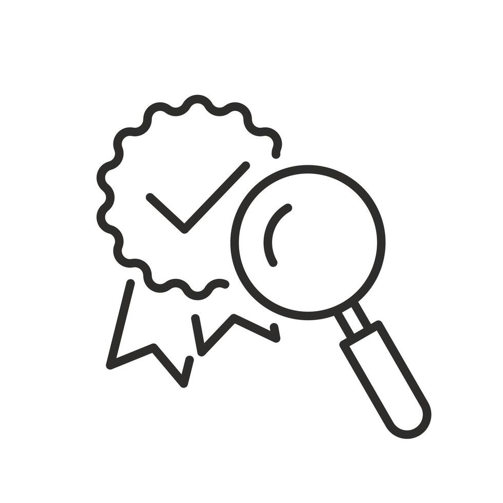 standardization icon, quality control, standard compliance, magnifying glass and check mark, thin line symbol on white background - editable stroke illustration vector