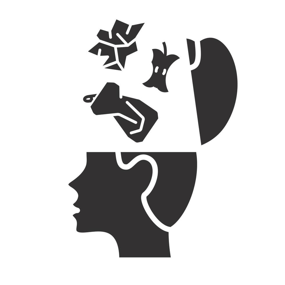 rubbish in brain, icon of garbage in the head, concept open human head, flat illustration vector
