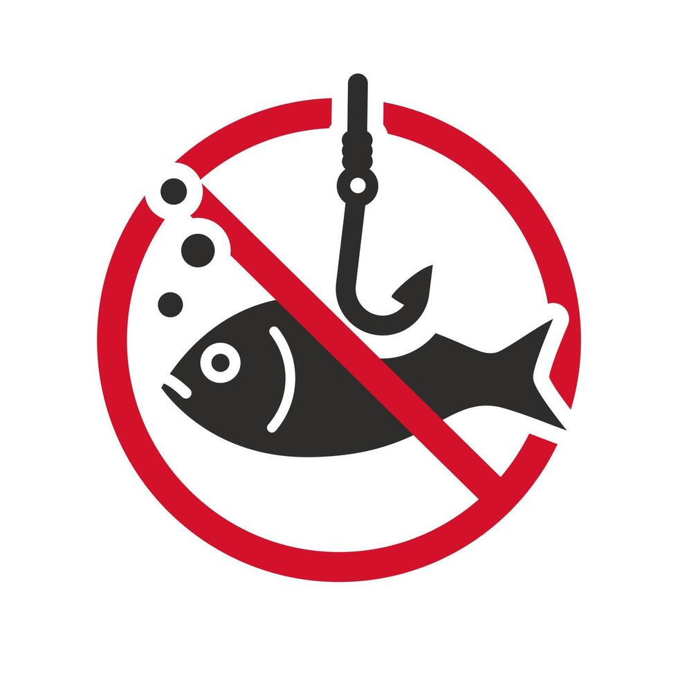 stop fish poacher, fishing prohibited icon, no red sign, flat illustration vector