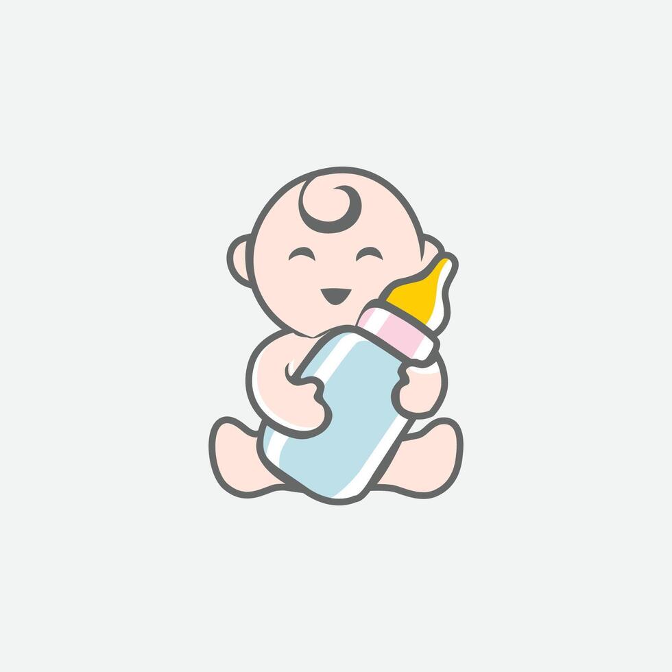 A baby holding a bottle with a smile on its face vector