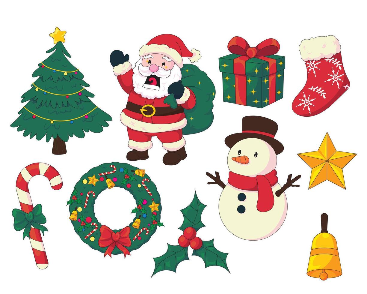Santa, snowman, and Christmas decorations vector