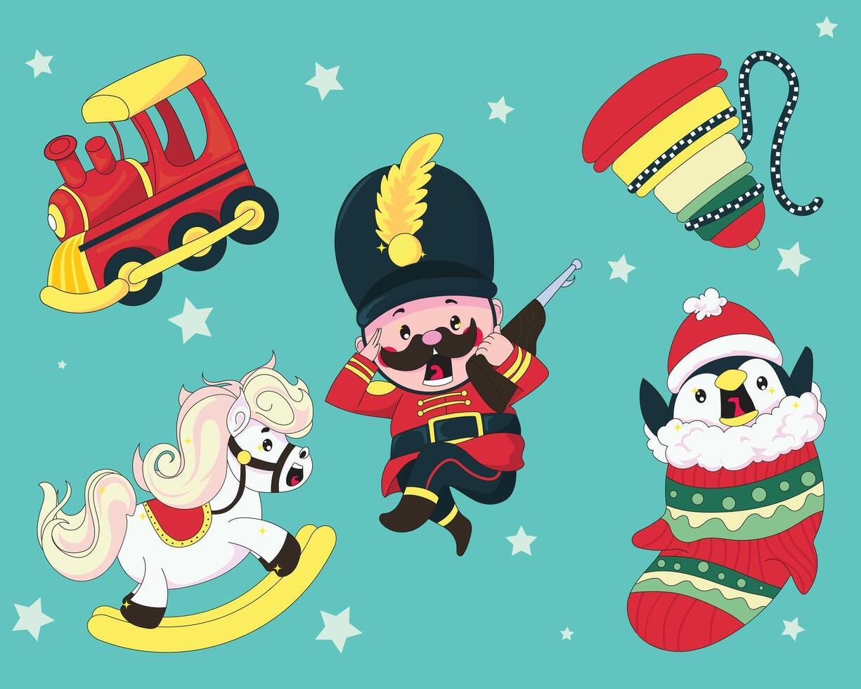 colorful Christmas cartoon characters and toys vector