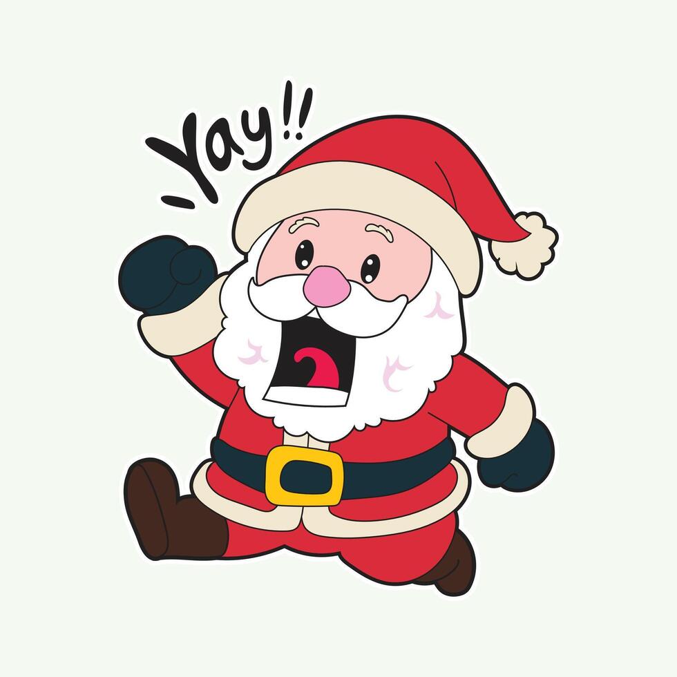 Funny and cute Santa Claus sticker with Yay expression, perfect for Christmas greeting cards, festive decorations, and winter holiday projects. Cartoon style illustration adds joyful holiday spirit. vector