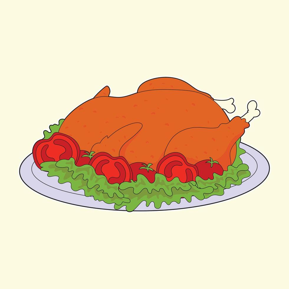 Cute hand drawn roast chicken on plate with lettuce and tomatoes in cartoon style, perfect for thanksgiving dinner, festive holiday meals, food design, culinary projects, and autumn seasonal art. vector