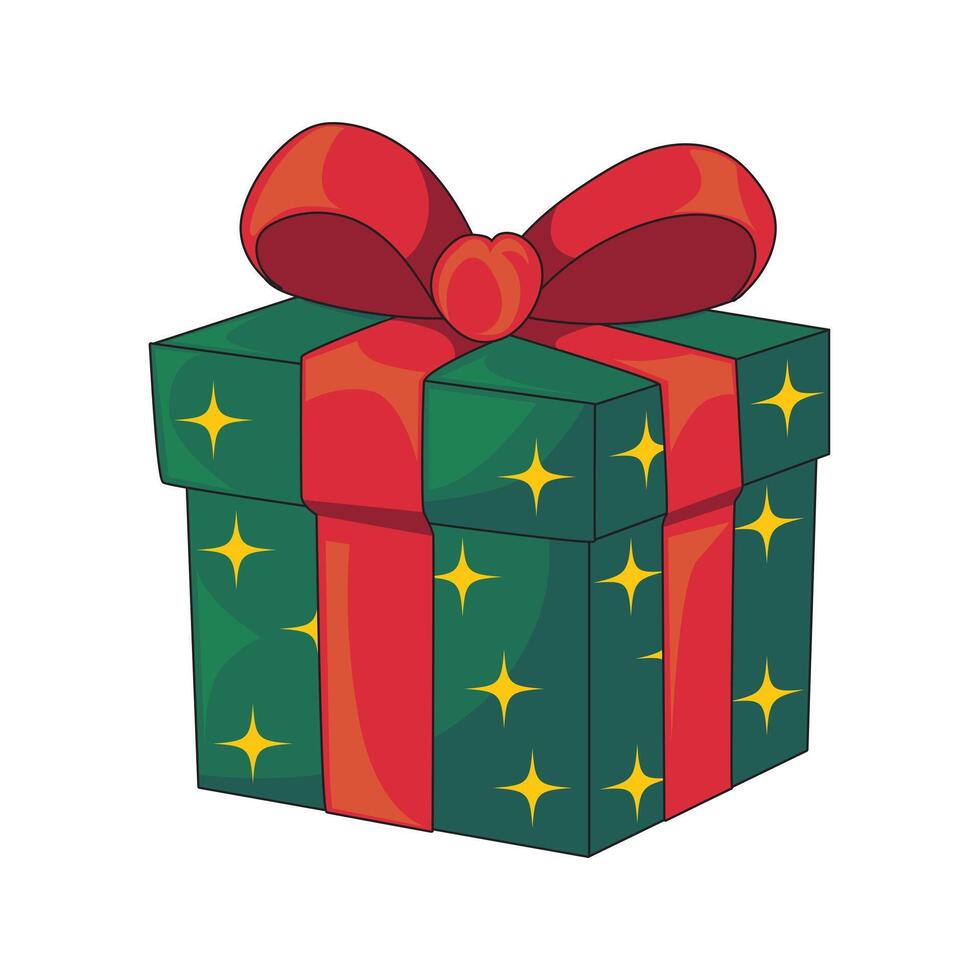 cute Christmas gift box wrapped in green with a big red ribbon and sparkling star patterns. Perfect for Christmas greeting cards, festive packaging designs, winter decorations, and holiday projects vector
