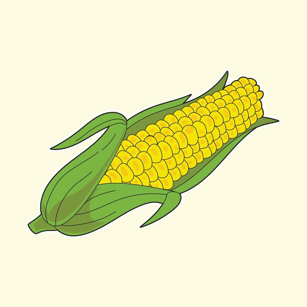 Cute hand drawn yellow corn on the cob with green husk in cartoon style, perfect for harvest, thanksgiving, farm, healthy food, autumn decoration themes, garden art, and seasonal projects. vector