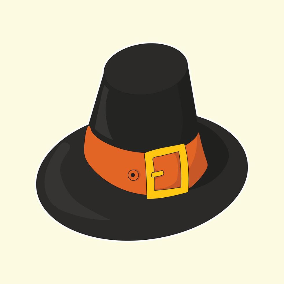 Cute hand drawn pilgrim hat with orange belt and buckle in cartoon style, perfect for Thanksgiving, autumn harvest events, festive designs, holiday decorations, and seasonal celebration themes. vector