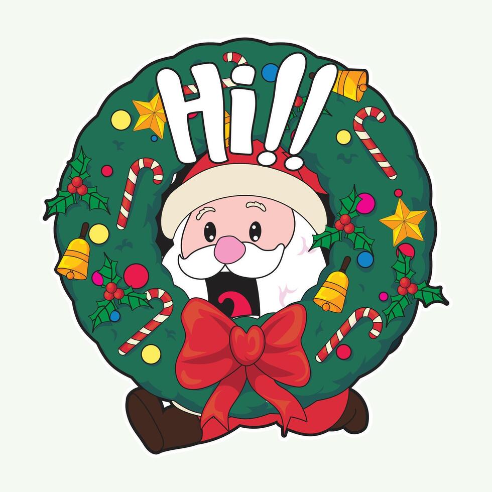 Cute Santa Claus happily popping out from a colorful Christmas wreath with Hi text, perfect for fun holiday stickers, cheerful greeting cards, festive designs, and seasonal decorations. vector