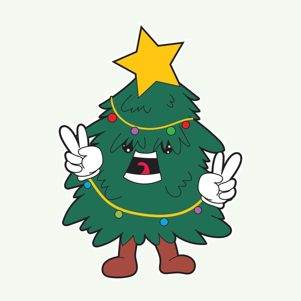 Christmas tree character with star on top and peace hand signs, decorated with lights. Perfect for Christmas cards, holiday party stickers, cheerful seasonal designs, and fun festive greeting vector