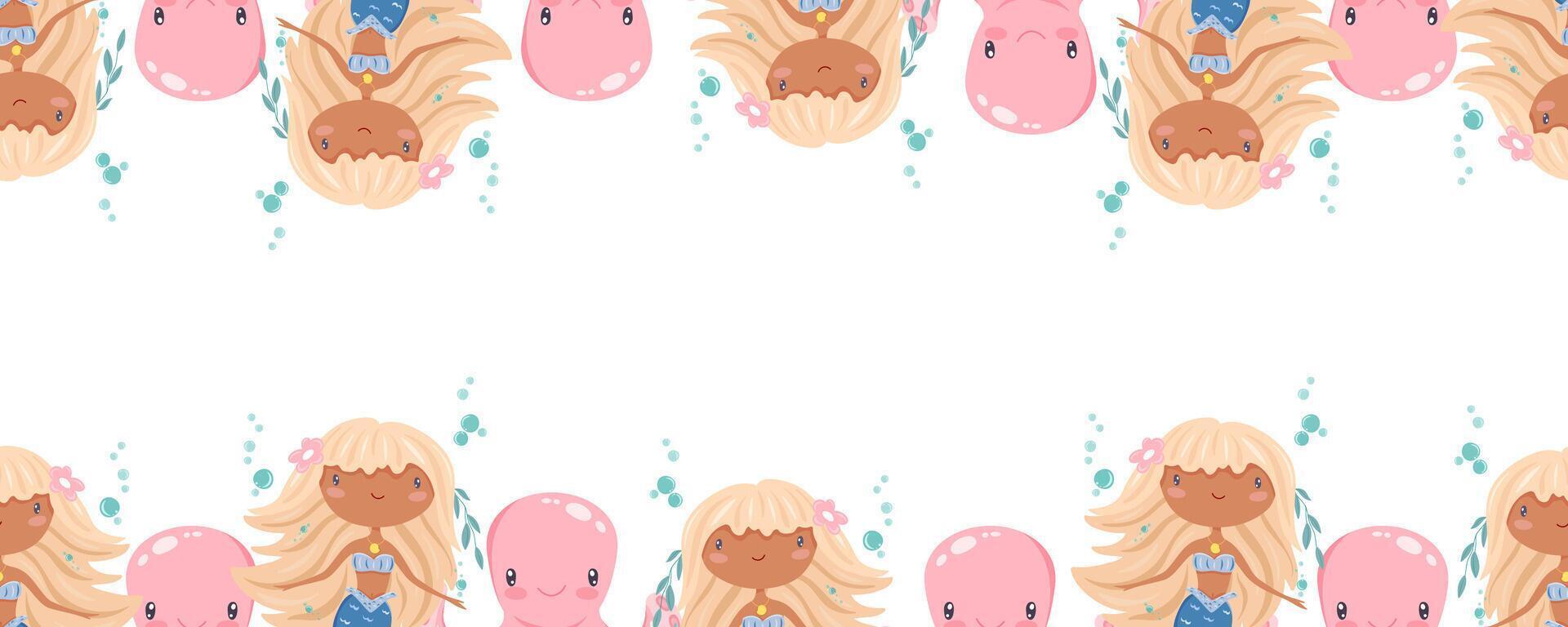 Seamless border with mermaids and octopuses at top and bottom vector
