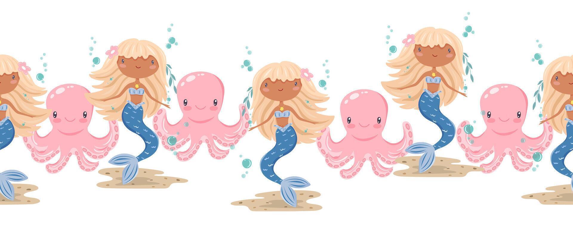 Seamless border with mermaids and octopuses in the center vector
