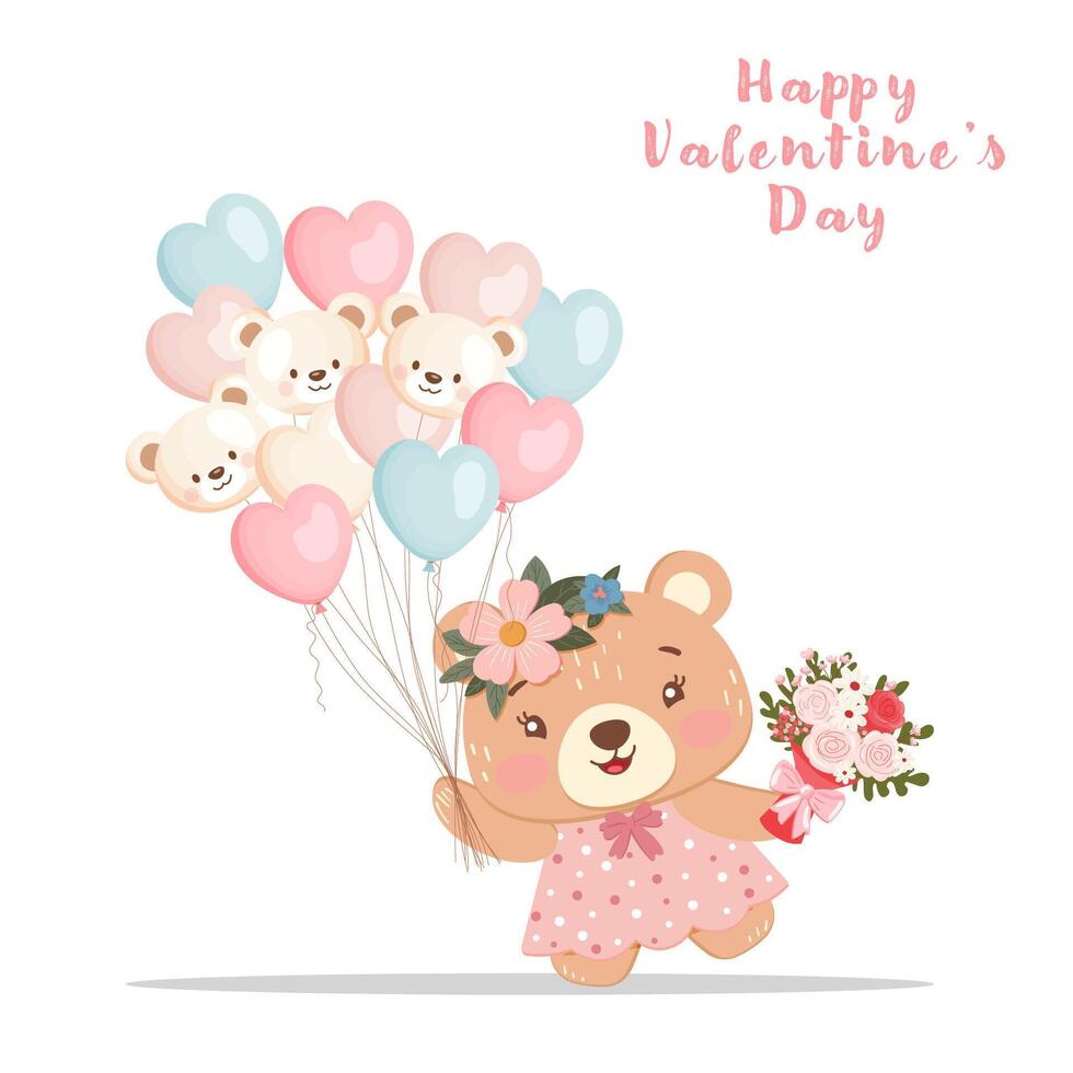 Cute teddy bear girl with bouquet and balloons illustration, isolated on white background vector