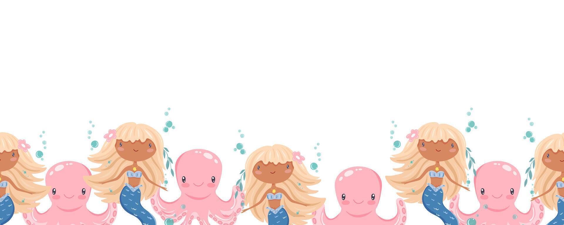 Seamless border with blonde mermaids and octopuses vector