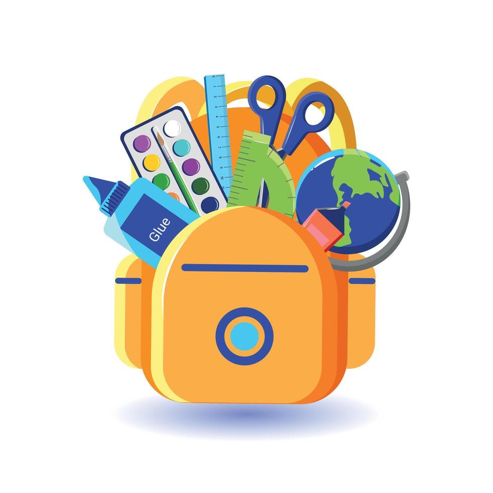 Illustration School Backpack with Supplies Isolated on White Background with Shadow. Back to School Backpack Globe, Glue, Paint, Rulers, Scissors. Cute Flat Print for Textile, T-Shirts, Web. vector