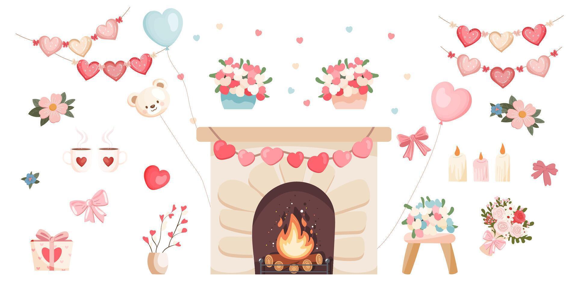 Valentine’s Day fireplace and decor elements vector