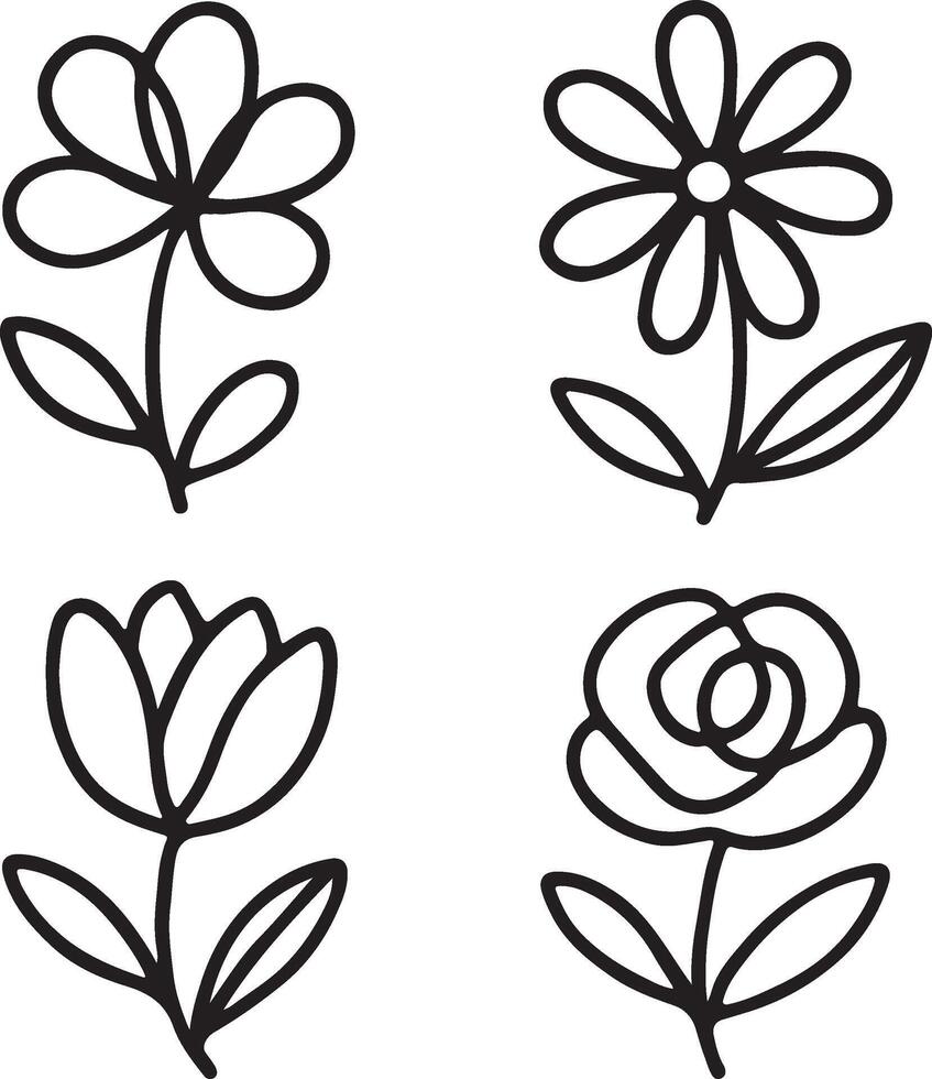four flowers drawn in black on a white background vector
