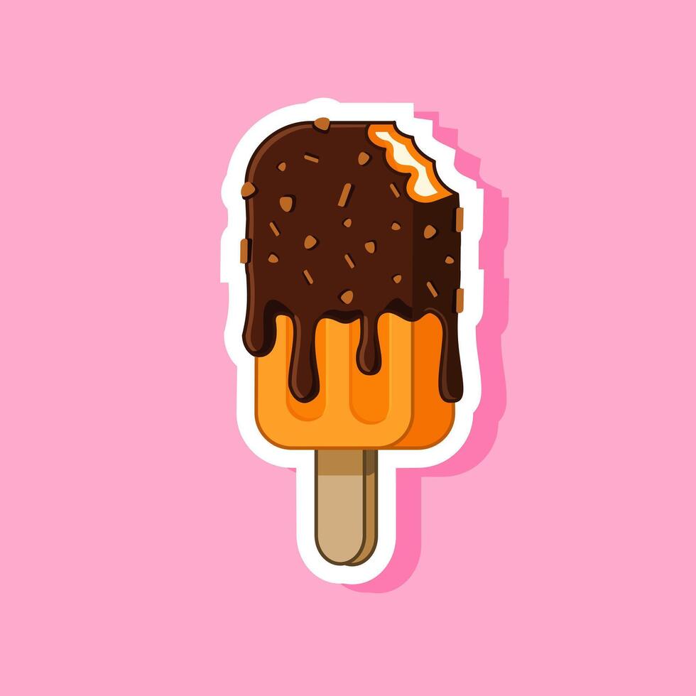 Sticker of Chocolate Dipped Ice Cream with a Bite Illustration Cartoon Design vector