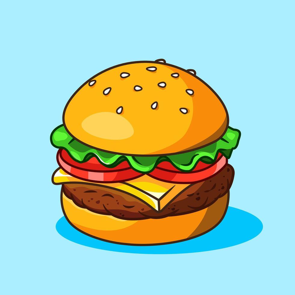 A Delicious Cartoon Cheese burger with Sesame Seeds Vectors Illustration