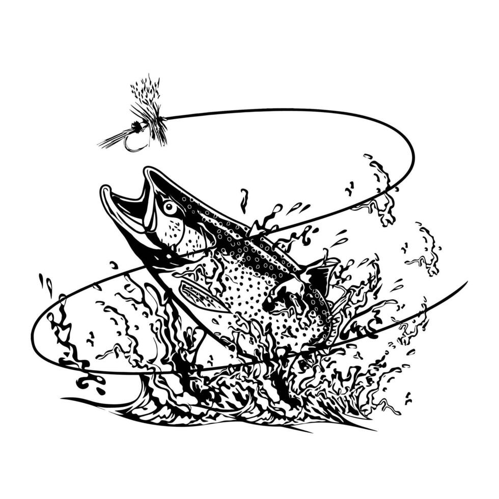 Balck and white An energetic depiction of a brown trout mid-air, showcasing its power and agility during a fishing pursuit. vector