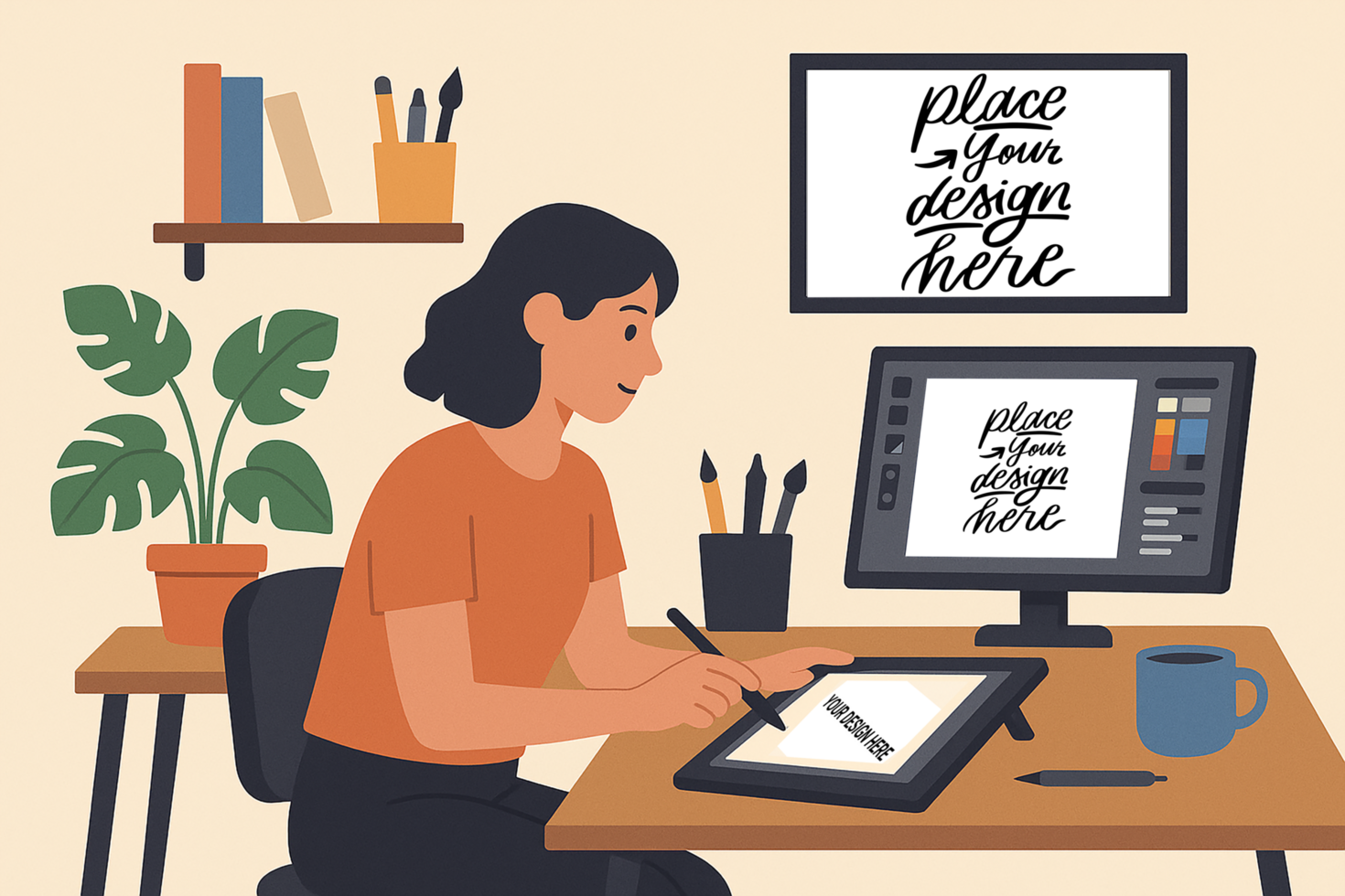 a woman is working on a computer with a sign on the desk psd