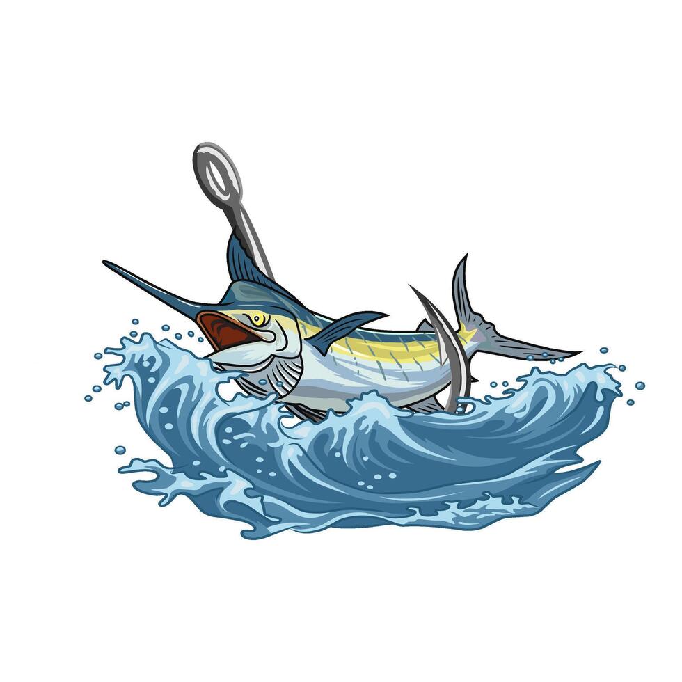 Dynamic marlin on hook, jumping amidst ocean waves. vector