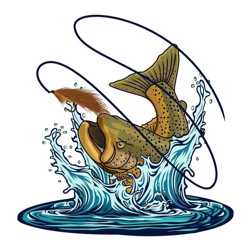 A dynamic illustration of a trout leaping out of the water, capturing the excitement of fly fishing. vector