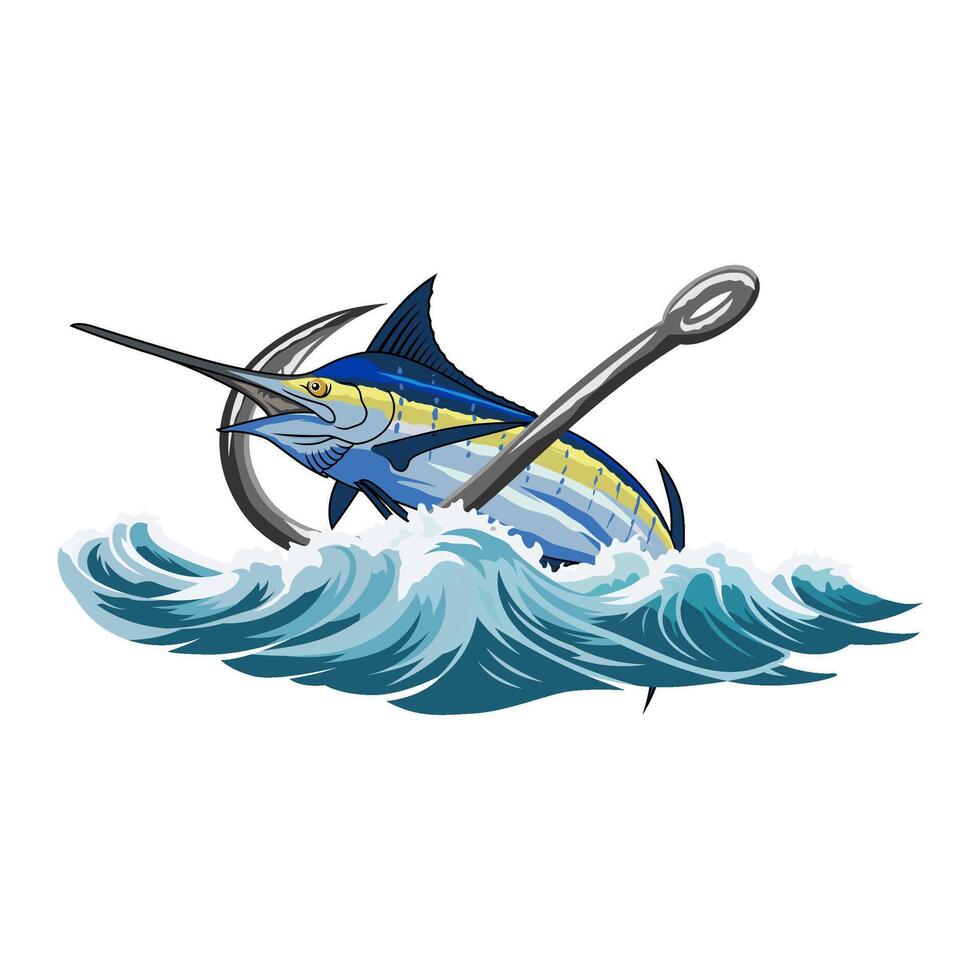 Powerful marlin with hook, breaking through the cresting waves. vector