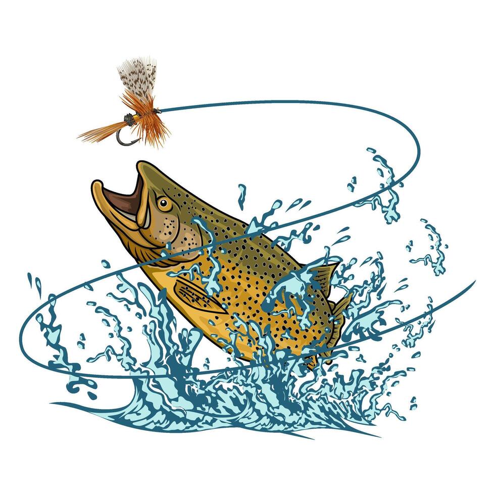 An energetic depiction of a brown trout mid-air, showcasing its power and agility during a fishing pursuit. vector