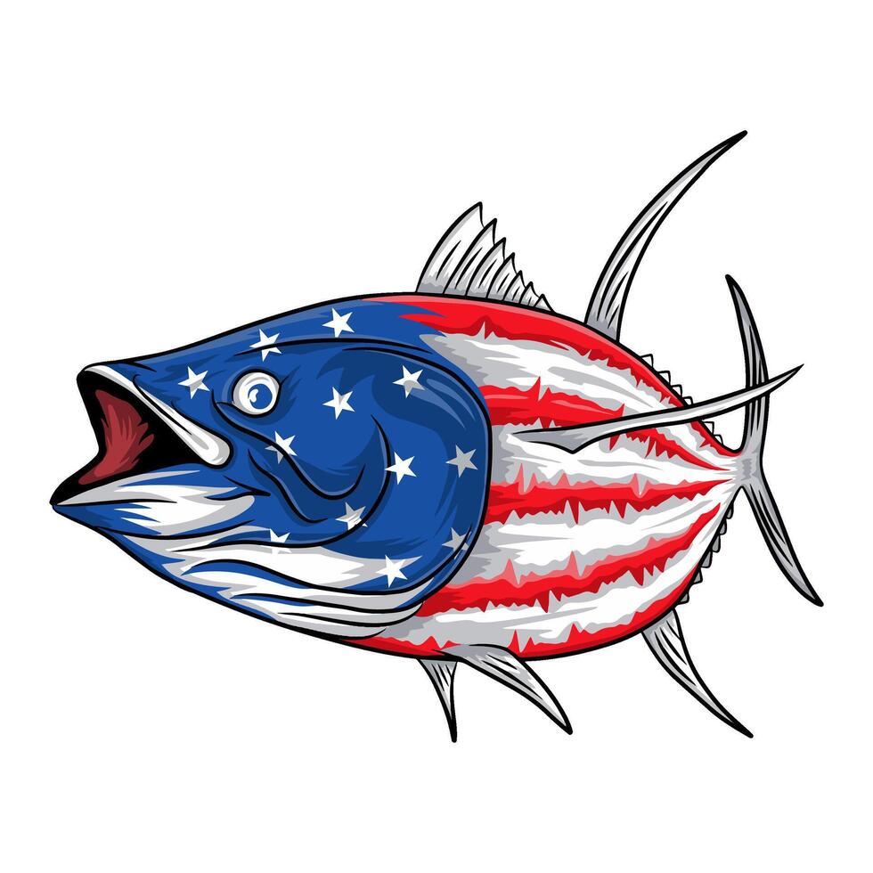 Bold tuna fish design featuring American flag, great for US-themed fishing clubs. vector