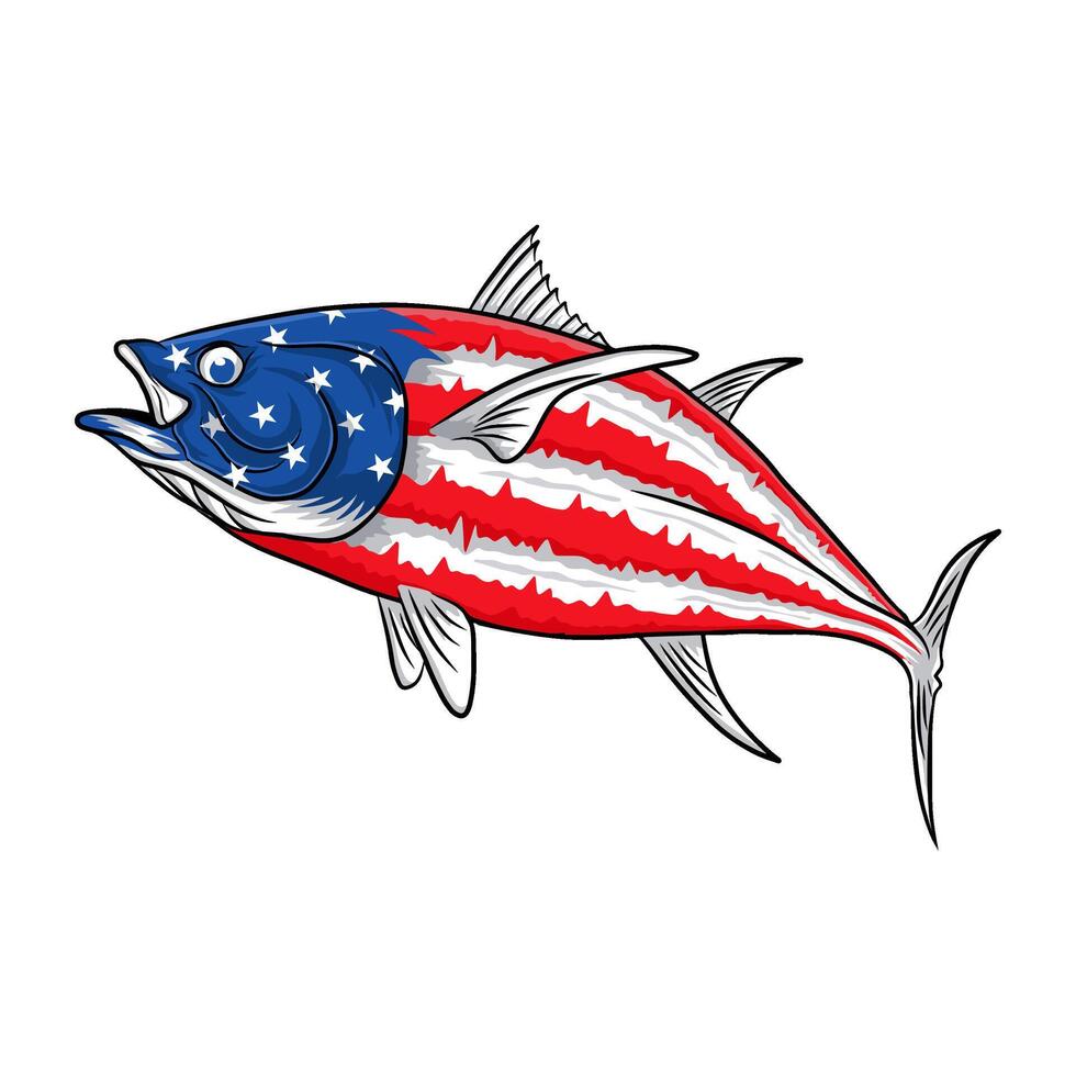Powerful tuna fish with American flag motif, excellent for US fishing apparel. vector