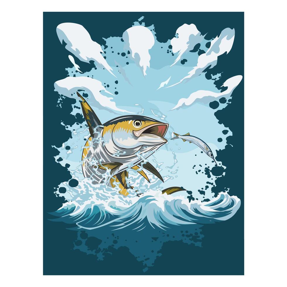 Dynamic tuna leaps, hunting a ballyhoo in an explosive ocean scene. vector