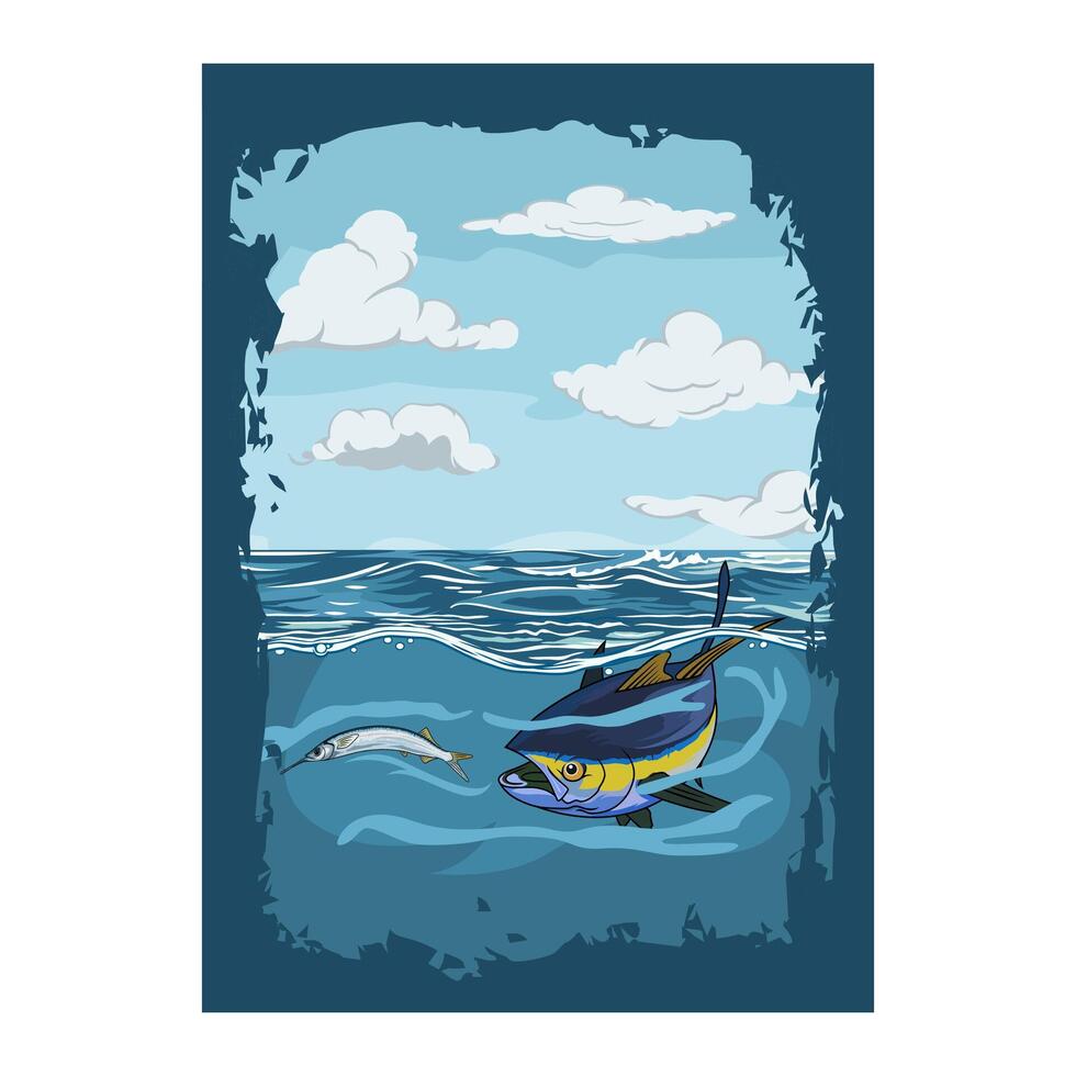 Tuna fish chases a ballyhoo underwater, a vibrant marine hunting scene. vector