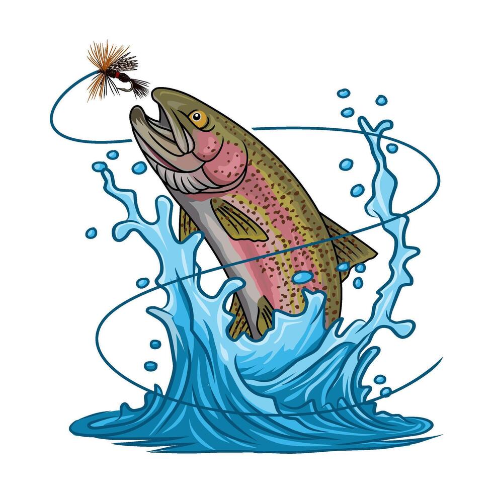 A vibrant illustration of a rainbow trout gracefully arcing out of the water, with a fishing fly in focus. vector